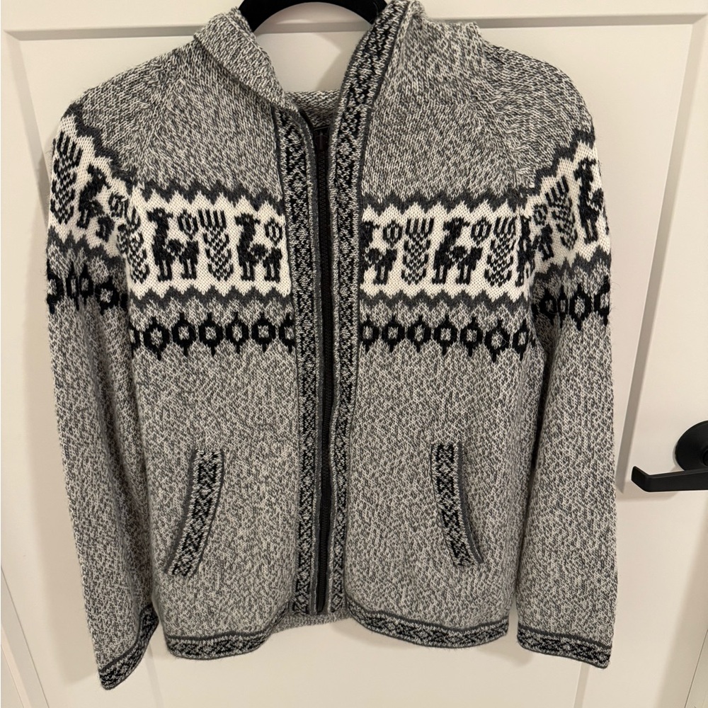 Alpaca Exotic Imports 100% Alpaca Hooded Zip Sweater Small Gray Fair Isle